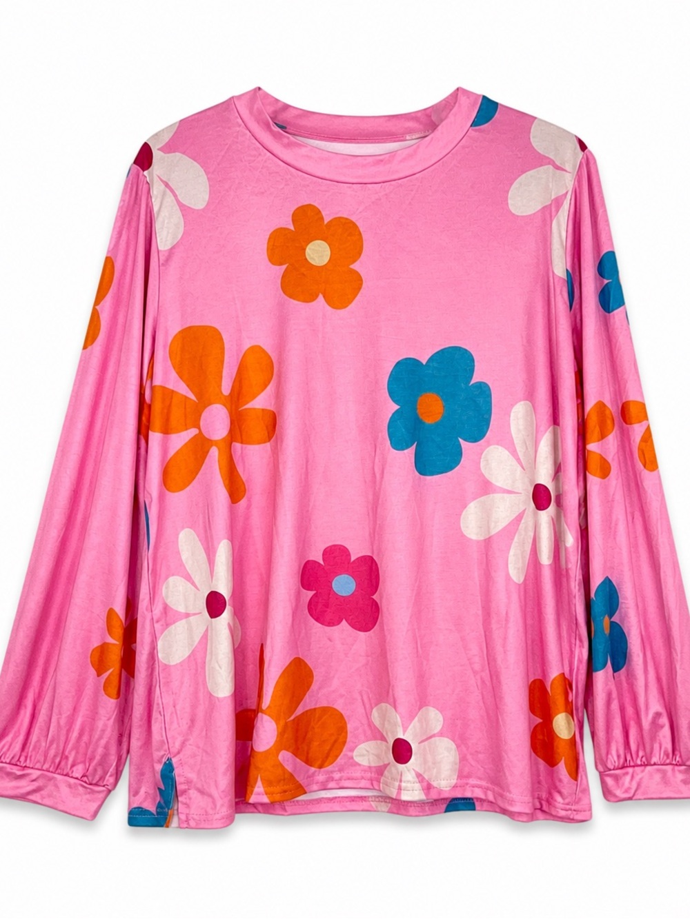 Pink Floral Long-Sleeve Top with Balloon Sleeves Super Soft - XL